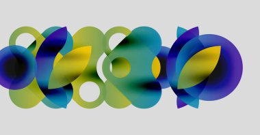 Üst üste binen renkli daireler içeren soyut bir kompozisyon. Gradyan renkler dinamik görsel efekt yaratır. Yumuşak kenarlar akıcılığı ve hareketi akla getiriyor..