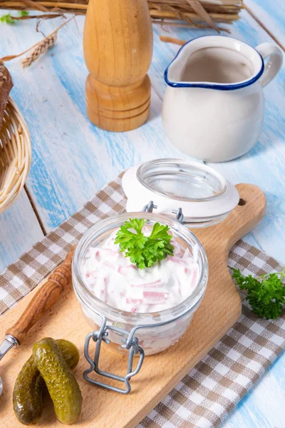 Delicious Homemade Meat Salad Mayonnaise Cucumbe — Stock Photo, Image