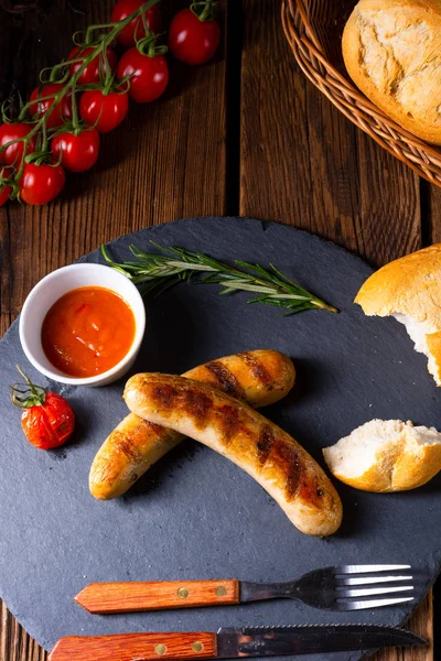 Rustic Bratwurst Ketchup Fresh Rolls — Stock Photo, Image