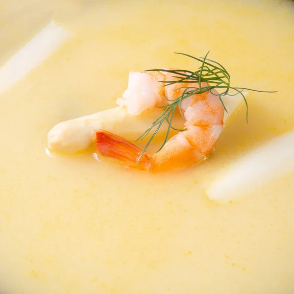 Délicieuse Soupe Crème Aux Asperges Avec Crevettes Aneth Frais — Photo