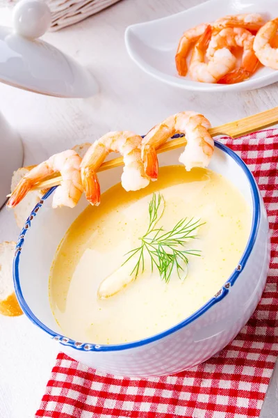 Rustic Asparagus Soup Shrimp Skew Diel — Stock Photo, Image