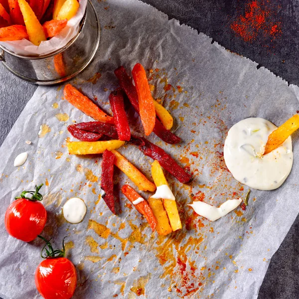 Batatas Fritas Vegetais Com Quark Ervas Tomates — Fotografia de Stock