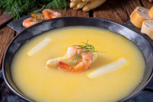 Délicieuse Soupe Crème Aux Asperges Avec Crevettes Aneth Frais — Photo