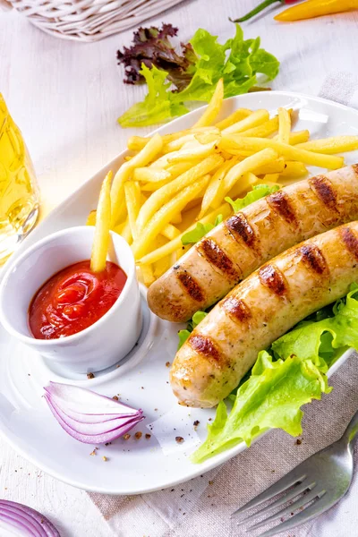 Grilled Bratwurst Chips Cold Beer — Stock Photo, Image