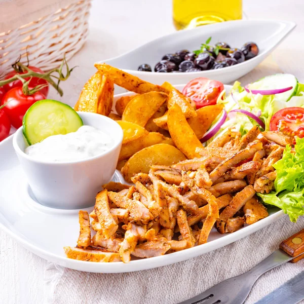 Rustic Gyros Plate Green Salad Potato Wedges — Stock Photo, Image