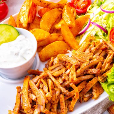 gyros plaka yeşil salata, zeytin ve patates dilimleri