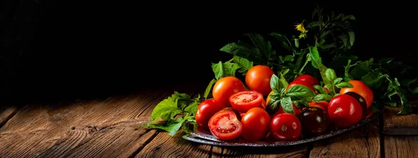 Verschillende Soorten Tomaten Geserveerd Gepresenteerd Zilveren Schotel — Stockfoto