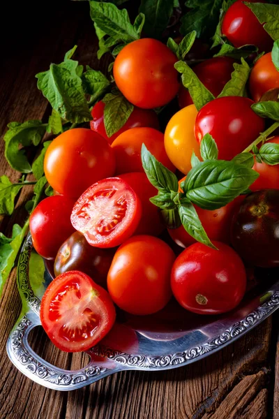 Various Types Tomatoes Served Presented Silver Platter — Stock Photo, Image