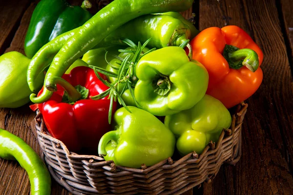 Various Harvested Peppers Hot Peppers Basket — Stock Photo, Image