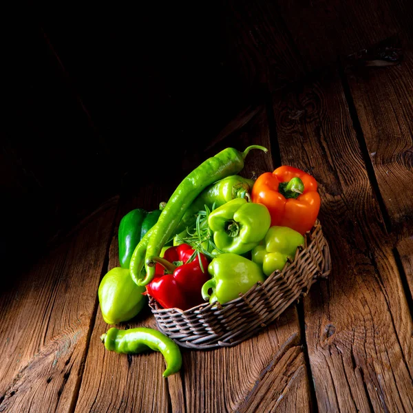 Various Harvested Peppers Hot Peppers Basket — Stock Photo, Image