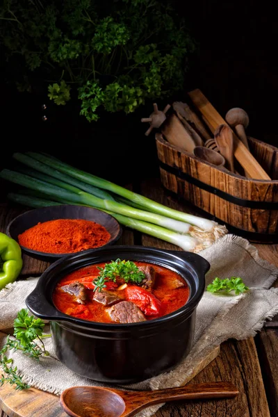 Närbild Ungersk Gulasch Med Biff Och Paprika — Stockfoto