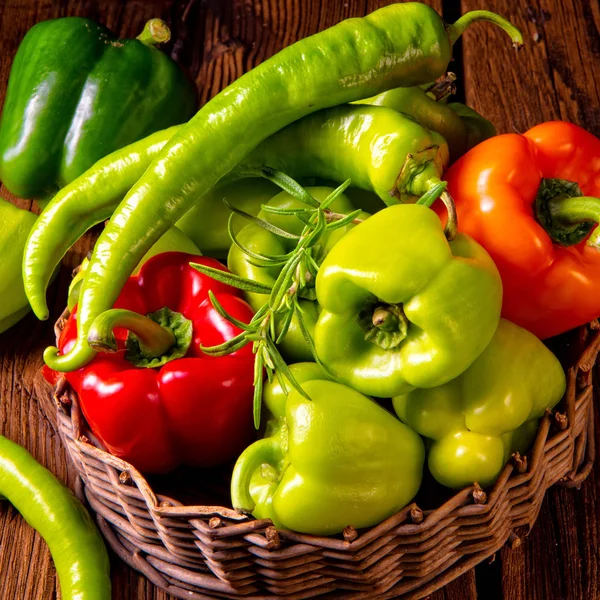 Close View Various Harvested Peppers Hot Peppers Basket — Stock Photo, Image