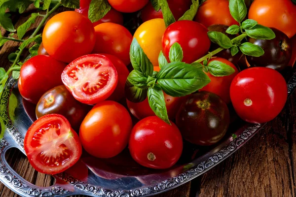 Various Types Tomatoes Served Presented Silver Platter — Stock Photo, Image