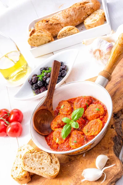 Baked Mini Meatballs Tomato Sauce Basil — Stock Photo, Image