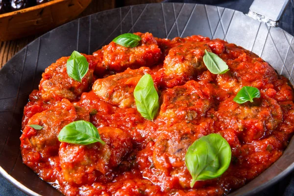 Rustic Mini Meatballs Baked Tomato Sauce Basil — Stock Photo, Image