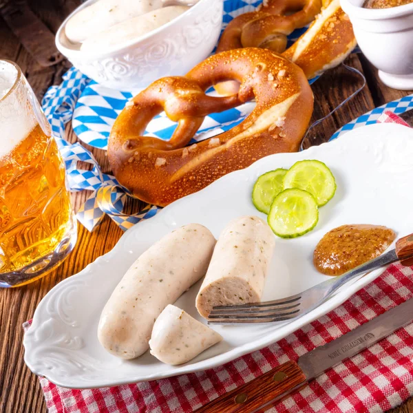 Delicious Bavarian Oktoberfest White Sausage Sweet Mustard — Stock Photo, Image