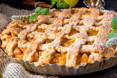 Lezzetli elmalı turta kafes üst tabaka pasta ile pan