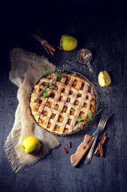 Lezzetli elmalı turta kafes üst tabaka pasta ile pan