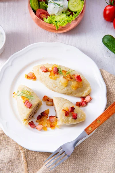 Cepelinai Rustico Piatto Bianco Specialità Cucina Lituana Polacca — Foto Stock