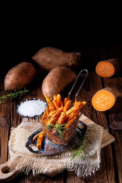 Crispy Sweet Potato Fries Oven Metal Sieve — Stock Photo, Image