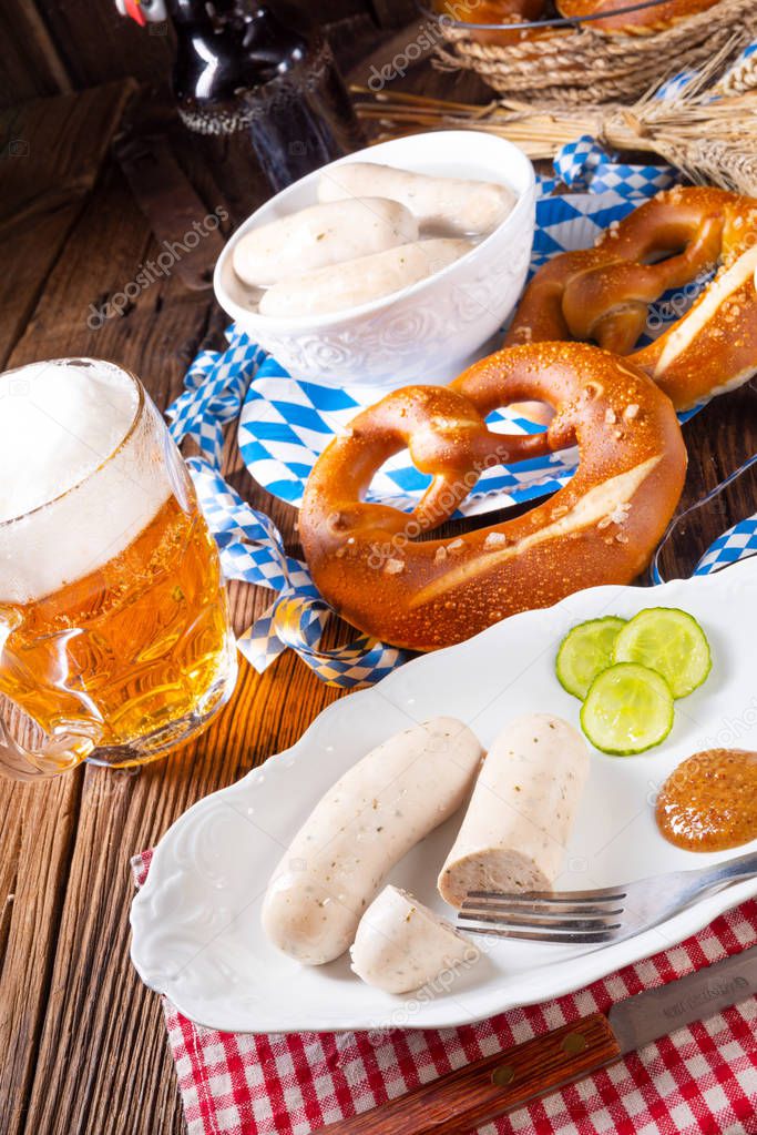 delicious bavarian oktoberfest white sausage with sweet mustard