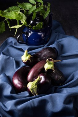 Masa örtüsü üzerinde olgunlaşmış taze patlıcan yakın çekim 