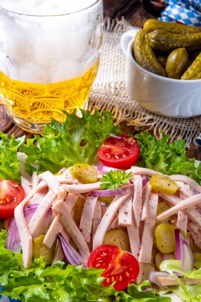 Delicious Bavarian Sausage Salad Onion Cucumbers — Stock Photo, Image