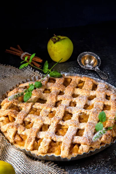 Torta Maçã Saborosa Com Reticulado Crosta Superior Panela Bolo — Fotografia de Stock