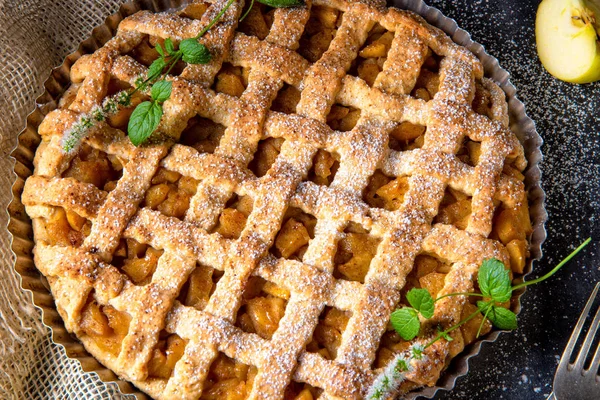 Tasty Apple Pie Lattice Upper Crust Cake Pan — Stock Photo, Image