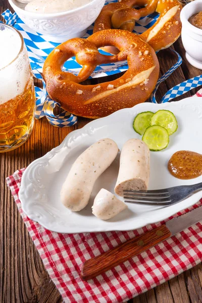 Deliziosa Salsiccia Bianca Bavarese Oktoberfest Con Senape Dolce — Foto Stock