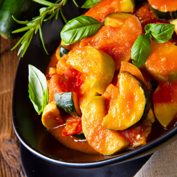 vegetarian ratatouille with fresh vegetables and herbs