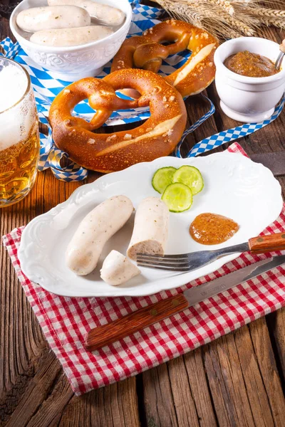 Deliziosa Salsiccia Bianca Bavarese Oktoberfest Con Senape Dolce — Foto Stock