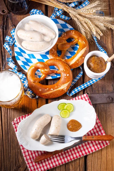 Delicious Bavarian Oktoberfest White Sausage Sweet Mustard — Stock Photo, Image