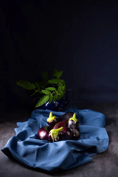 Спелые Сырые Фиолетовые Баклажаны Голубой Ткани — стоковое фото