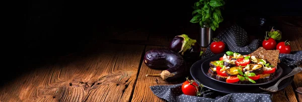 Eggplant Grilled Aromatic Feta Cheese Tomatoes Black Plate — Stock Photo, Image