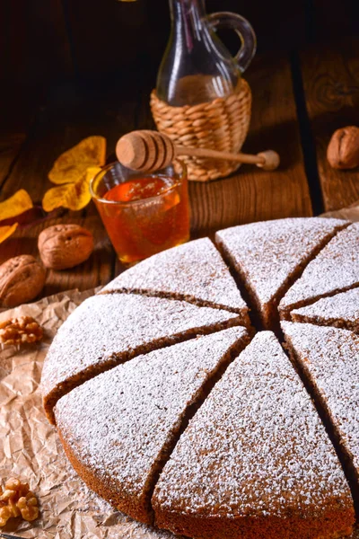 Close Walnut Cake Honey Powdered Sugar — Stock Photo, Image