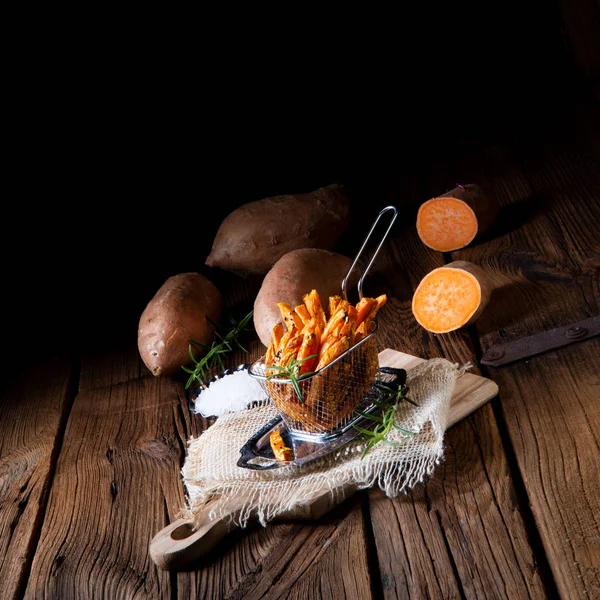 Crispy Sweet Potato Fries Oven Wooden Table — Stock Photo, Image