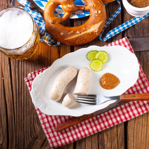 Delicioso Bavariano Oktoberfest Salchicha Blanca Con Mostaza Dulce — Foto de Stock