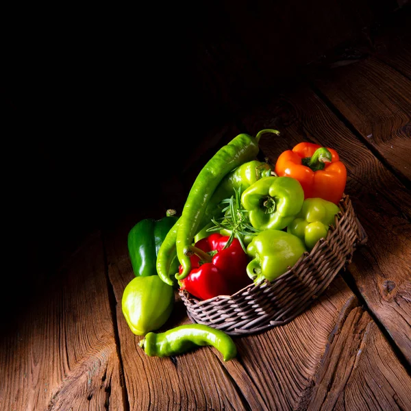 Close View Various Harvested Peppers Hot Peppers Basket — Stock Photo, Image