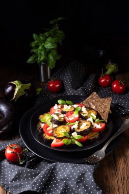 aromatik beyaz peynir ve domates ile ızgara patlıcan yakından görmek