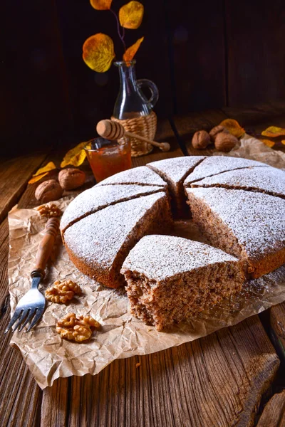 Fresh Tasty Autumnal Walnut Cake Honey — Stock Photo, Image