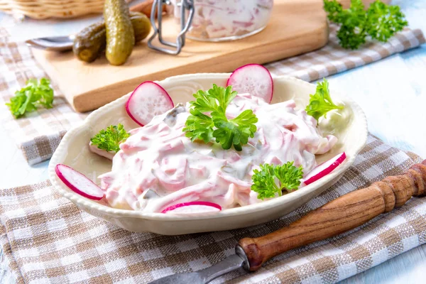 Delicious Homemade Meat Salad Mayonnaise Radish — Stock Photo, Image