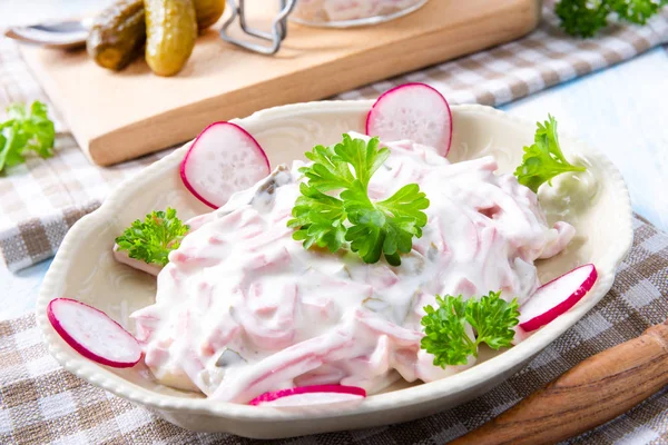 Delicious Homemade Meat Salad Mayonnaise Radish — Stock Photo, Image