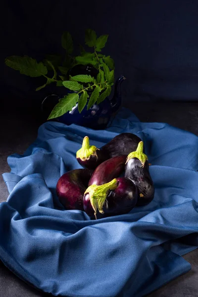 Stillleben Mit Reifen Auberginen Auf Dunklem Hintergrund — Stockfoto