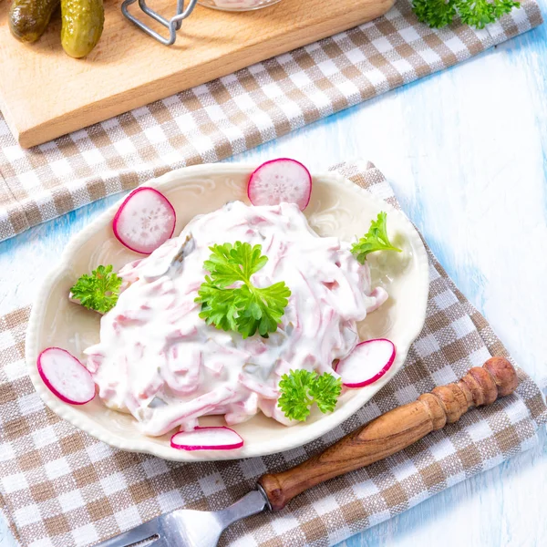 Delicious Homemade Meat Salad Mayonnaise Radish — Stock Photo, Image