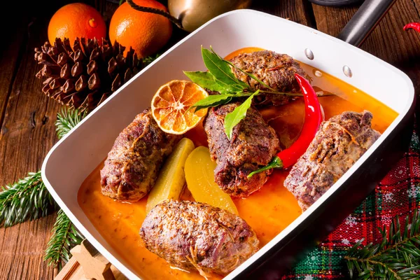 Wintry Beef Roulades Plum Bacon Stuffing — Stock Photo, Image