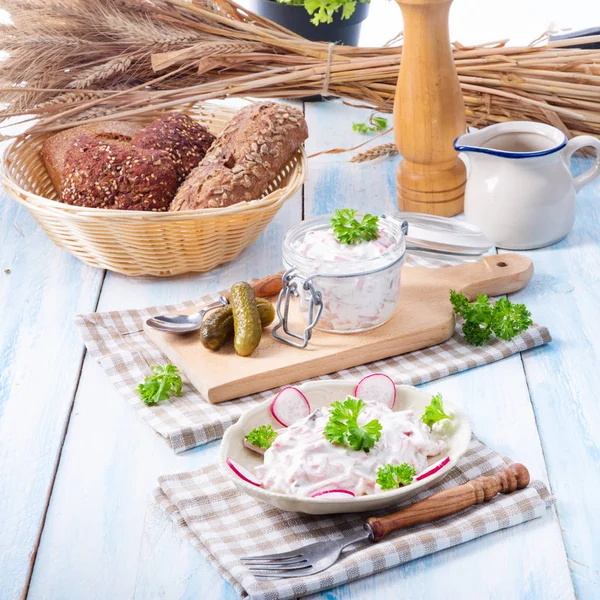 Delicious Homemade Meat Salad Mayonnaise Radish — Stock Photo, Image