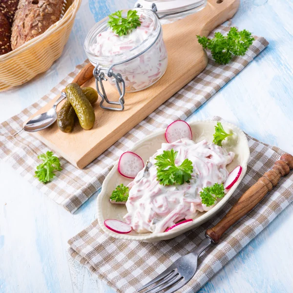Delicious Homemade Meat Salad Mayonnaise Jar Plate — Stock Photo, Image