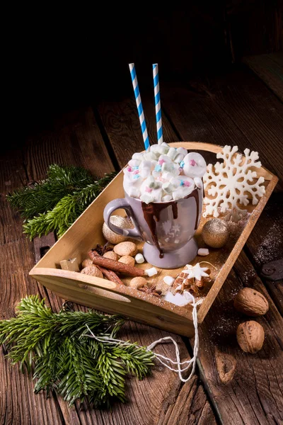 Cup Hot Chocolate Colorful Mini Marshmallows Mix Wooden Tray — Stock Photo, Image