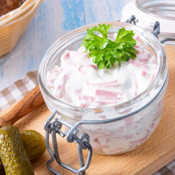 Delicious Homemade Meat Salad Mayonnaise Jar Cucumbers Wooden Board — Stock Photo, Image